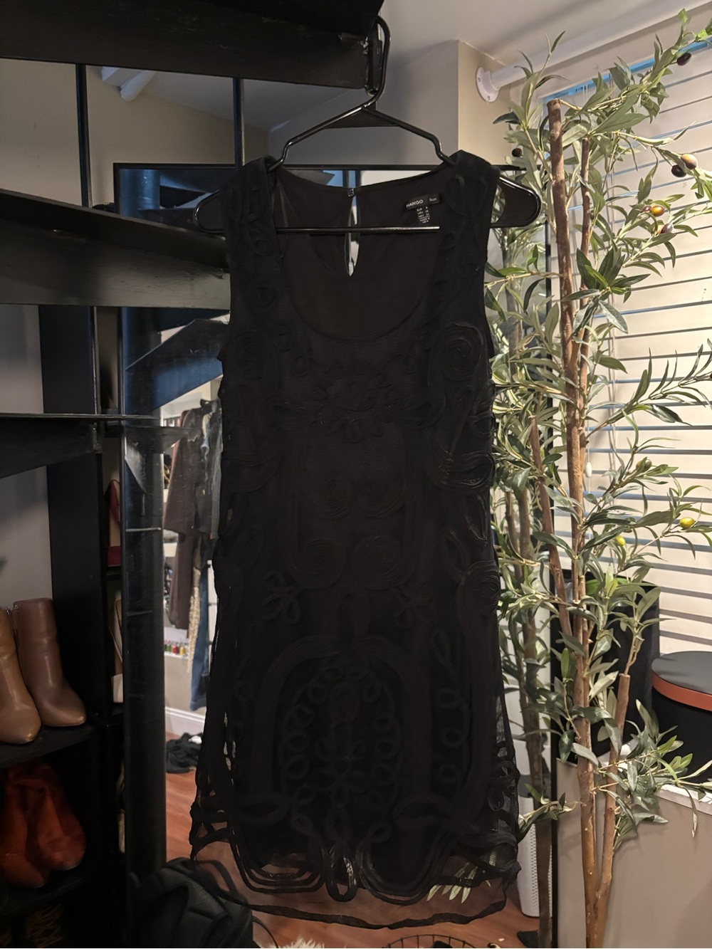 Mango Sleeveless Embroidered Overlay Dress (Black)